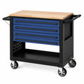 Chariot à outils Kerlixon en acier noir et bleu avec plateau en bois et 4 tiroirs pour atelier, dimensions 120 x 60 x 95 cm