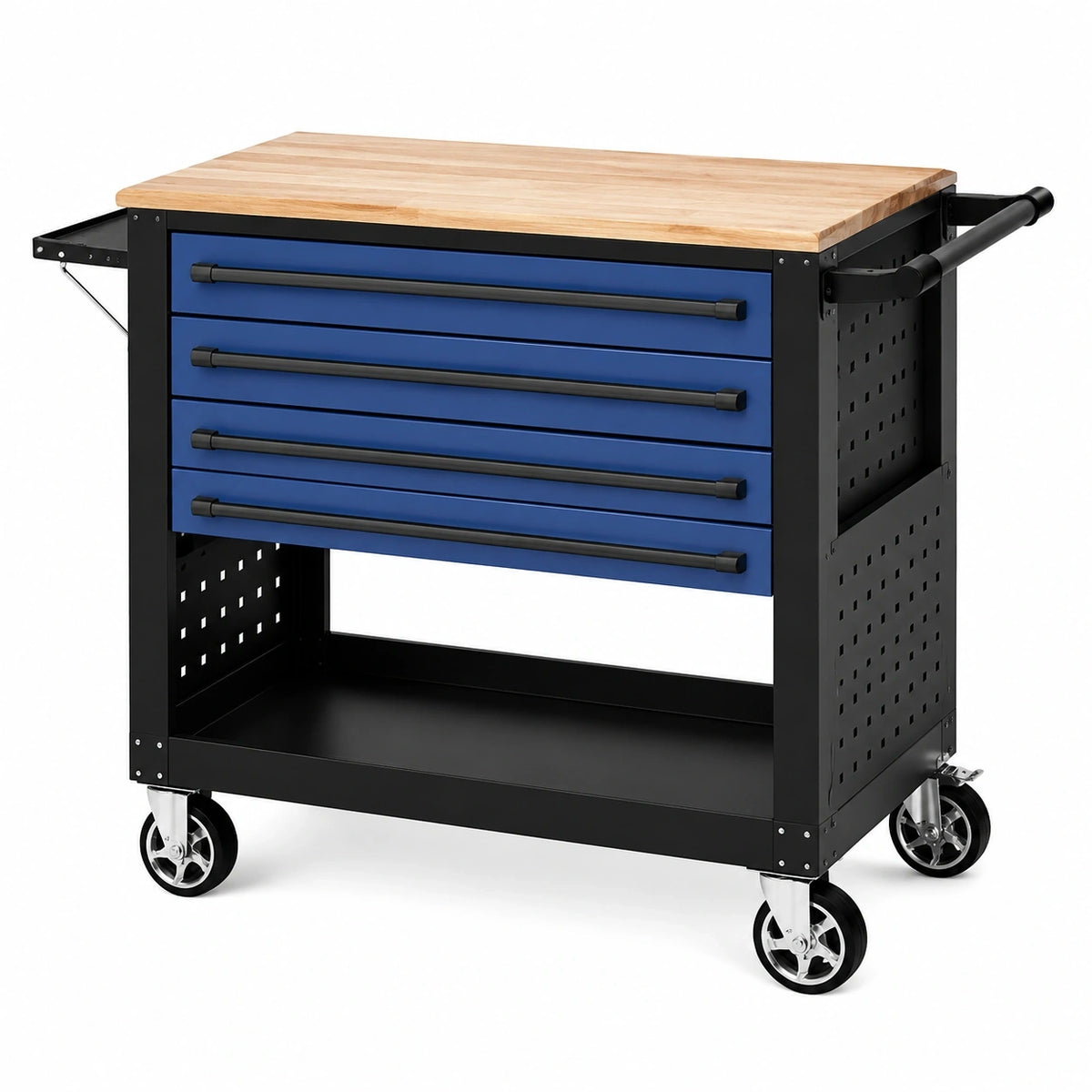 Établi roulant 120 x 60 x 95 cm en acier noir et bleu avec plateau en bois 4 tiroirs pour atelier