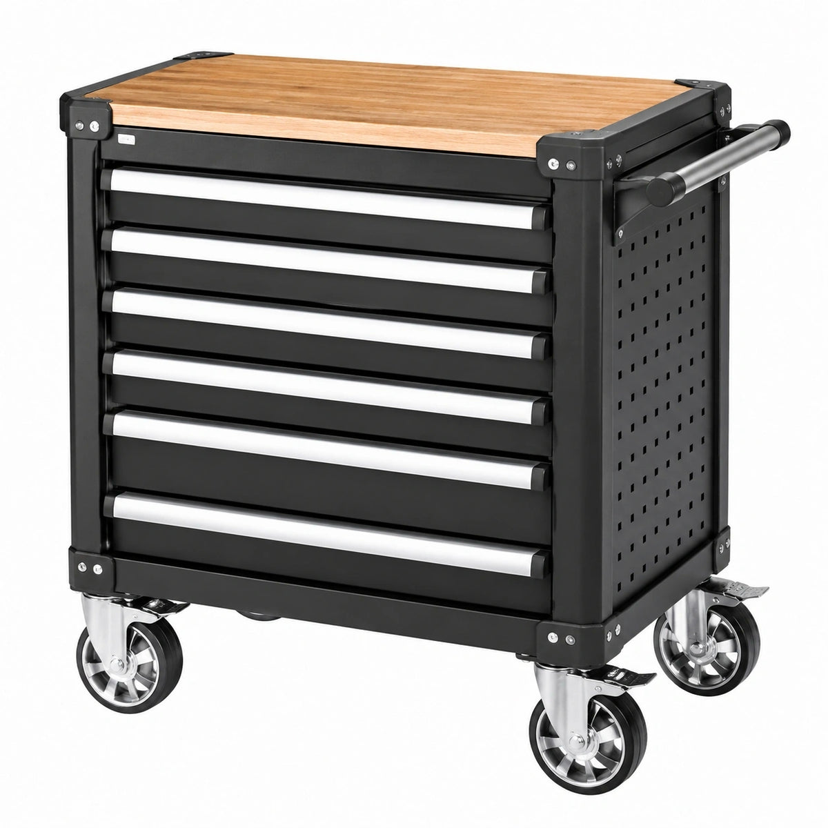 Servante d'atelier 77 x 46 x 97 cm en acier noir avec plateau en bois à 7 tiroirs mobile