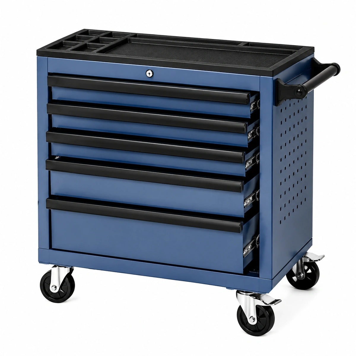 Servante d'atelier 77 x 46 x 97 cm en acier bleu et noir à 5 tiroirs sur roulettes