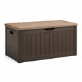 Coffre de rangement extérieur Kerlixon en résine brun avec couvercle effet bois, dimensions 120x55x63 cm, pour jardin ou terrasse