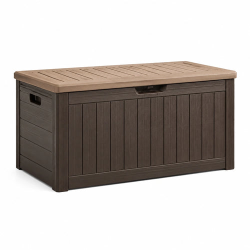 Coffre de rangement extérieur Kerlixon en résine brun avec couvercle effet bois, dimensions 120x55x63 cm, pour jardin ou terrasse