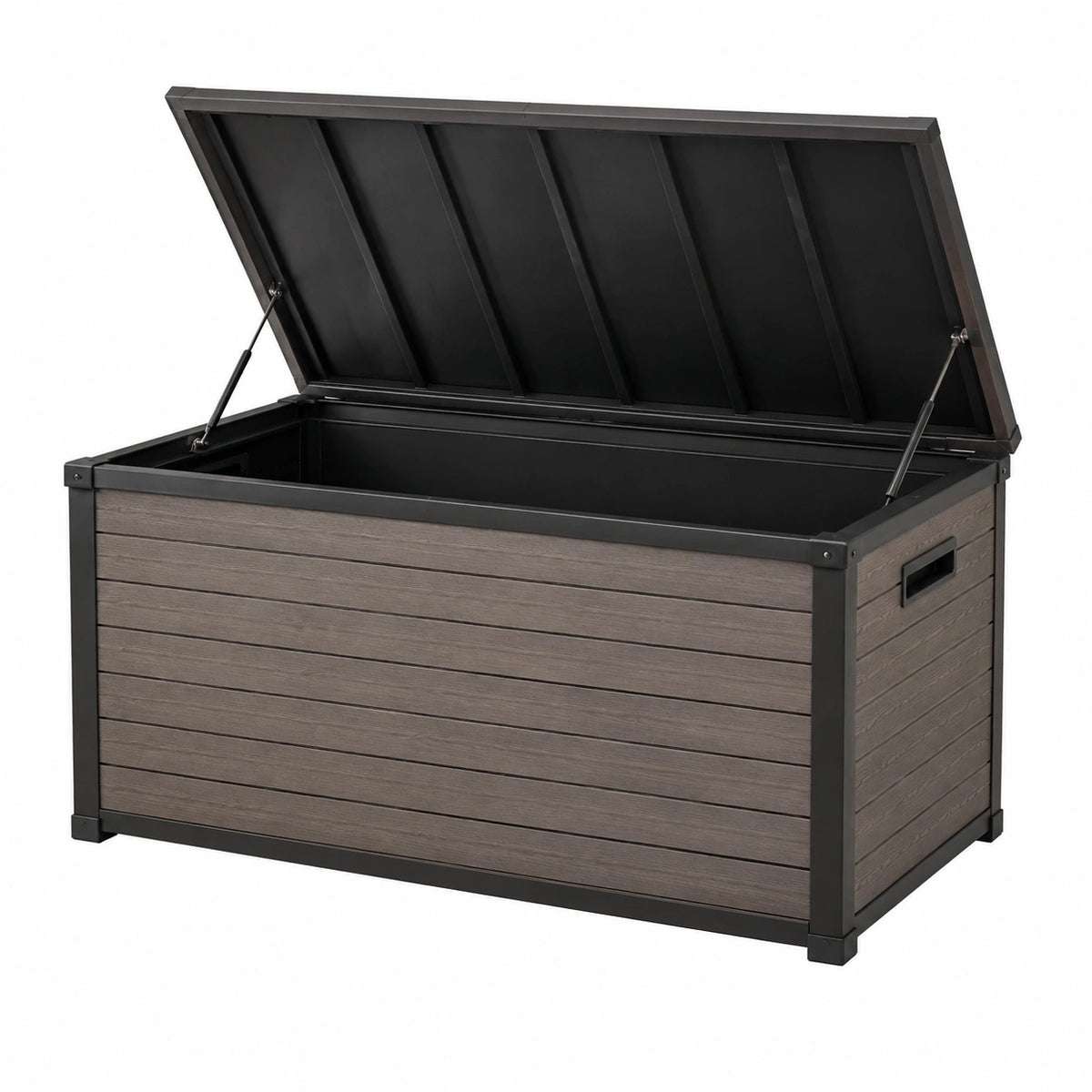 Coffre de rangement extérieur 120 x 60 x 65 cm en panneaux aspect bois gris anthracite avec couvercle à vérins
