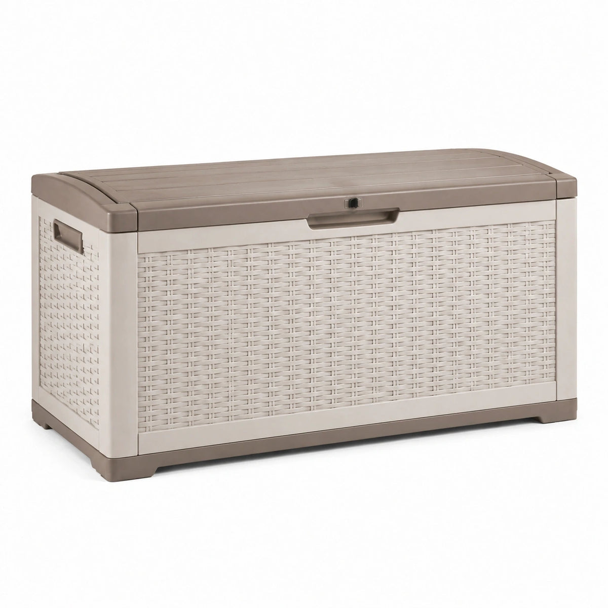 Coffre de rangement extérieur 120 x 56 x 63 cm en plastique beige et taupe avec couvercle verrouillable