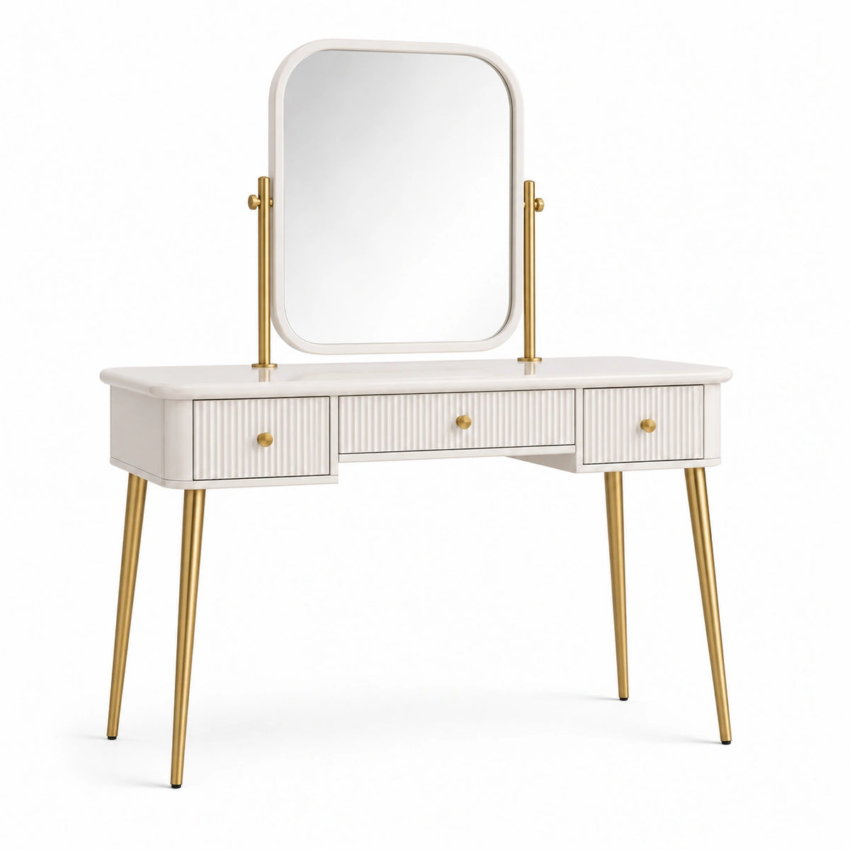 Coiffeuse 110 x 45 x 140 cm blanche et dorée avec miroir pivotant et 3 tiroirs