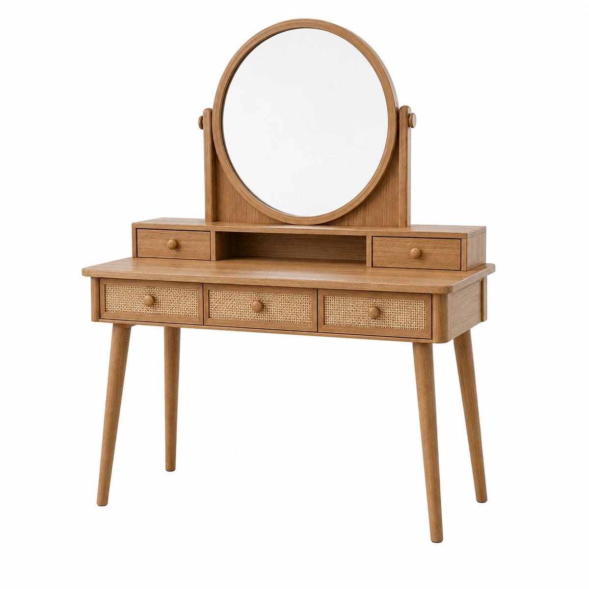 Coiffeuse 100 x 45 x 145 cm en bois marron avec miroir rond pivotant et tiroirs style naturel