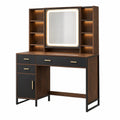 Coiffeuse Kerlixon en bois brun et noir avec miroir lumineux, rangements, dimensions 120x50x180 cm, style moderne.