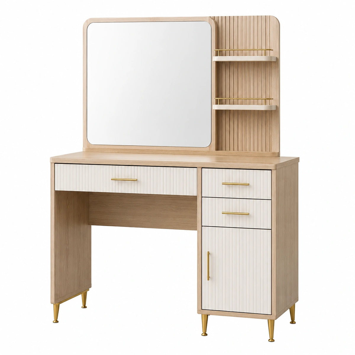 Coiffeuse 120 x 45 x 150 cm en panneaux aspect bois beige avec miroir et rangements