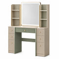 Coiffeuse Kerlixon en bois d'ingénierie beige et vert avec miroir et rangements, style contemporain, dimensions 140x45x170 cm.
