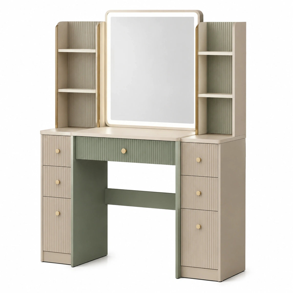 Coiffeuse 140 x 45 x 170 cm en bois d'ingénierie beige et vert avec miroir et rangements style contemporain