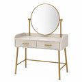 Coiffeuse Kerlixon en bois blanc et métal doré avec miroir, deux tiroirs, style contemporain, dimensions 90x45x130 cm