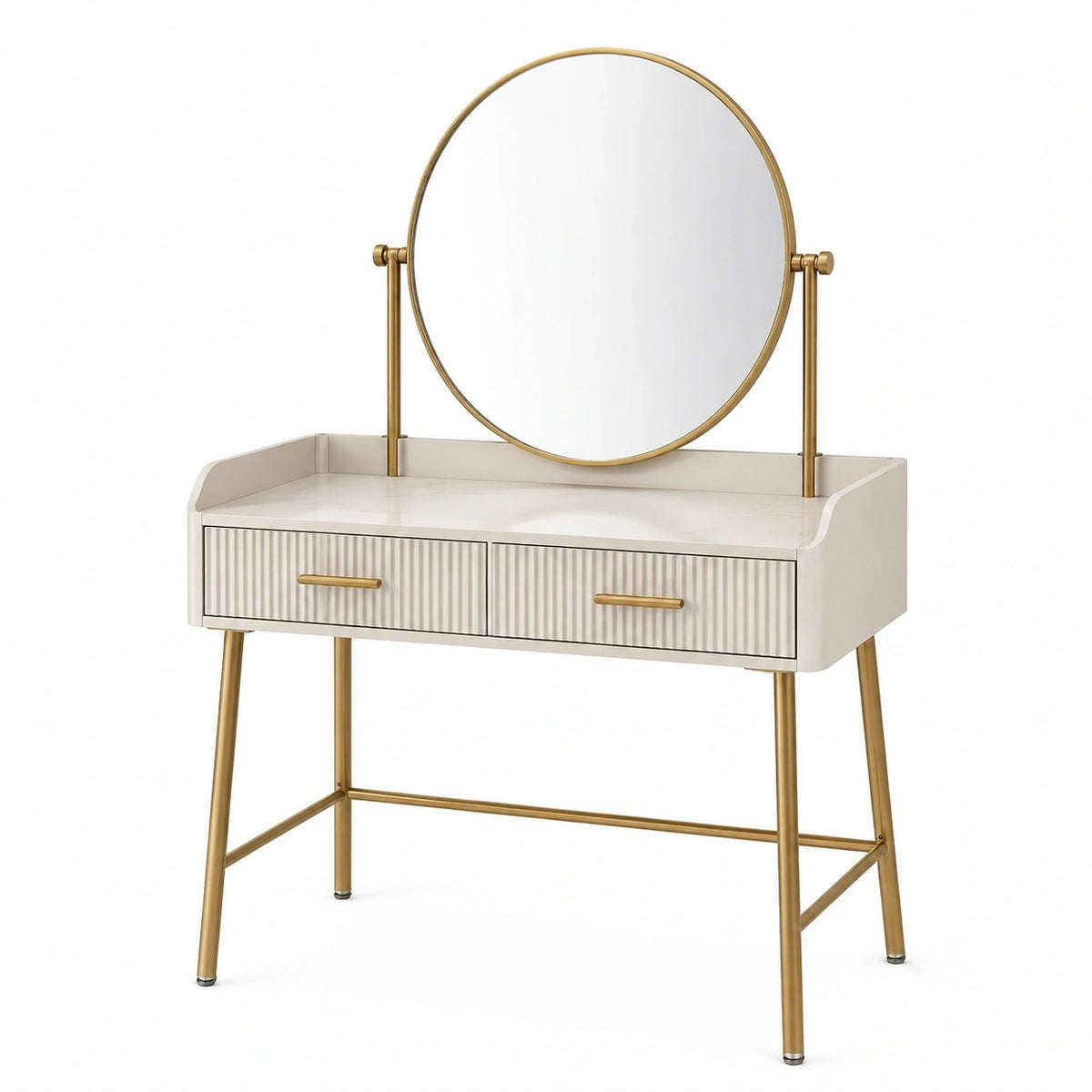 Coiffeuse avec miroir 90 x 45 x 130 cm bois blanc et métal doré 2 tiroirs style contemporain