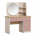 Coiffeuse Kerlixon en panneaux de bois blanc et rose avec miroir, rangements et dimensions 100x40x150 cm.