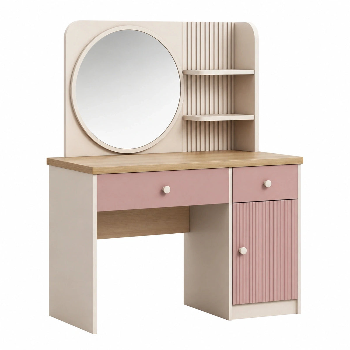 Coiffeuse 100 x 40 x 150 cm en panneaux de bois blanc et rose avec miroir et rangements
