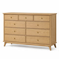 Commode Kerlixon en bois naturel, 9 tiroirs, style classique, dimensions 160x45x95 cm, meuble de rangement élégant.