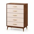 Commode en bois brun et beige avec 5 tiroirs, style rétro, dimensions 80x40x110 cm, meuble de rangement Kerlixon.