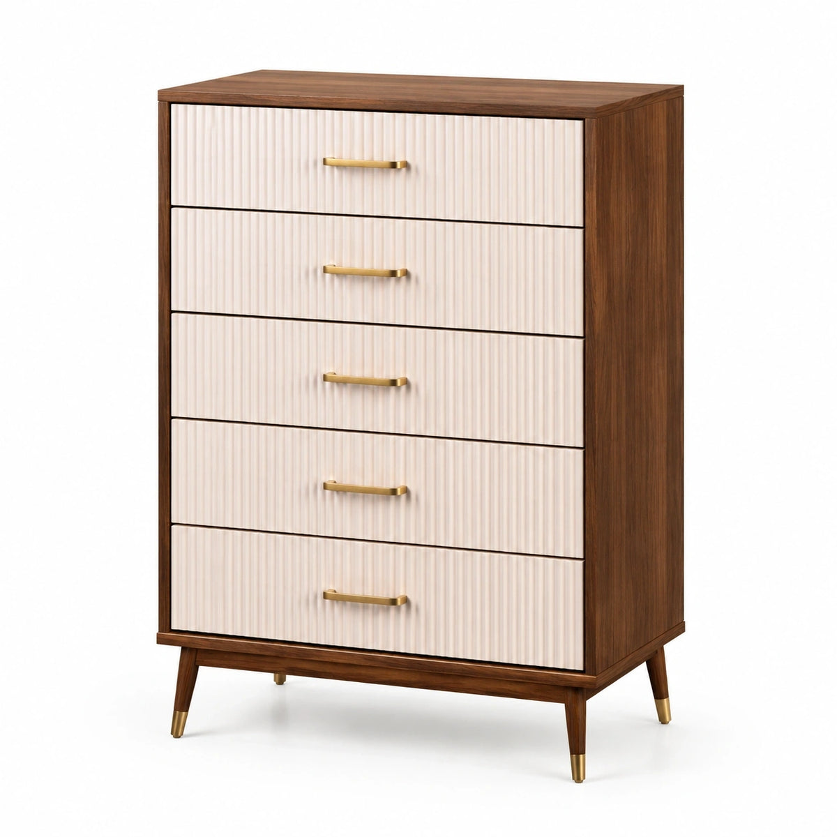 Commode 80 x 40 x 110 cm en bois brun et beige à 5 tiroirs style rétro