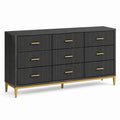 Commode contemporaine Kerlixon en panneaux de bois noir avec 9 tiroirs, dimensions 160x40x85 cm, style moderne.