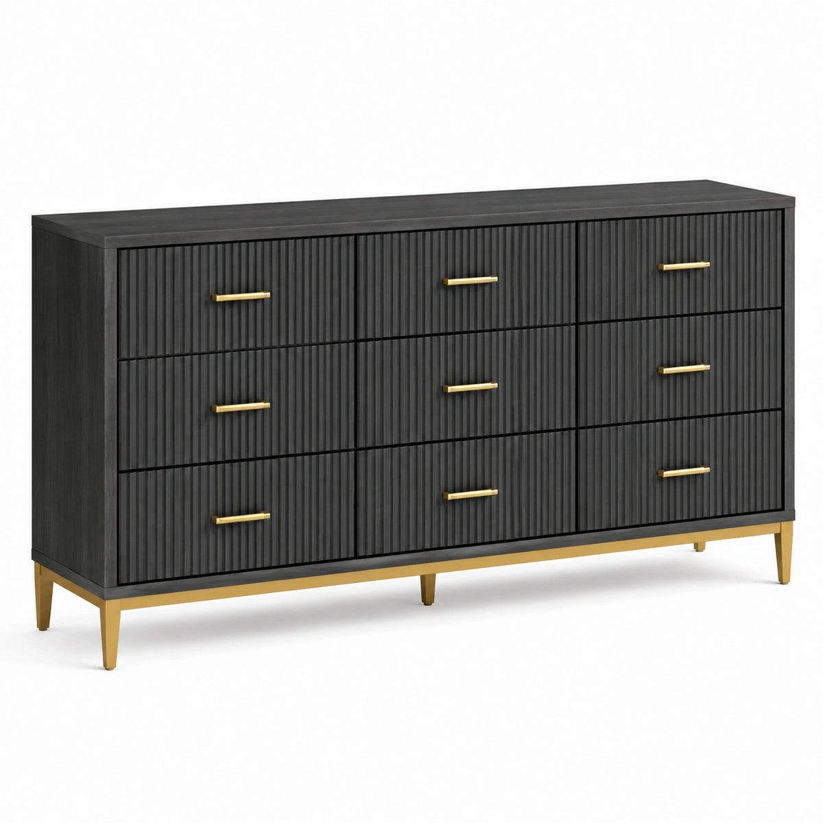 Commode 160 x 40 x 85 cm en panneaux de bois noir avec 9 tiroirs style contemporain