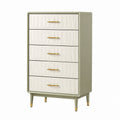 Commode Kerlixon en panneaux de bois vert sauge et blanc, 5 tiroirs, style contemporain, dimensions 80x40x120 cm