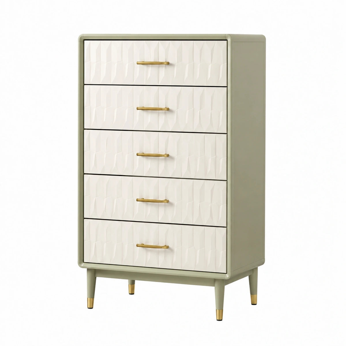 Commode 80 x 40 x 120 cm en panneaux de bois vert sauge et blanc à 5 tiroirs style contemporain