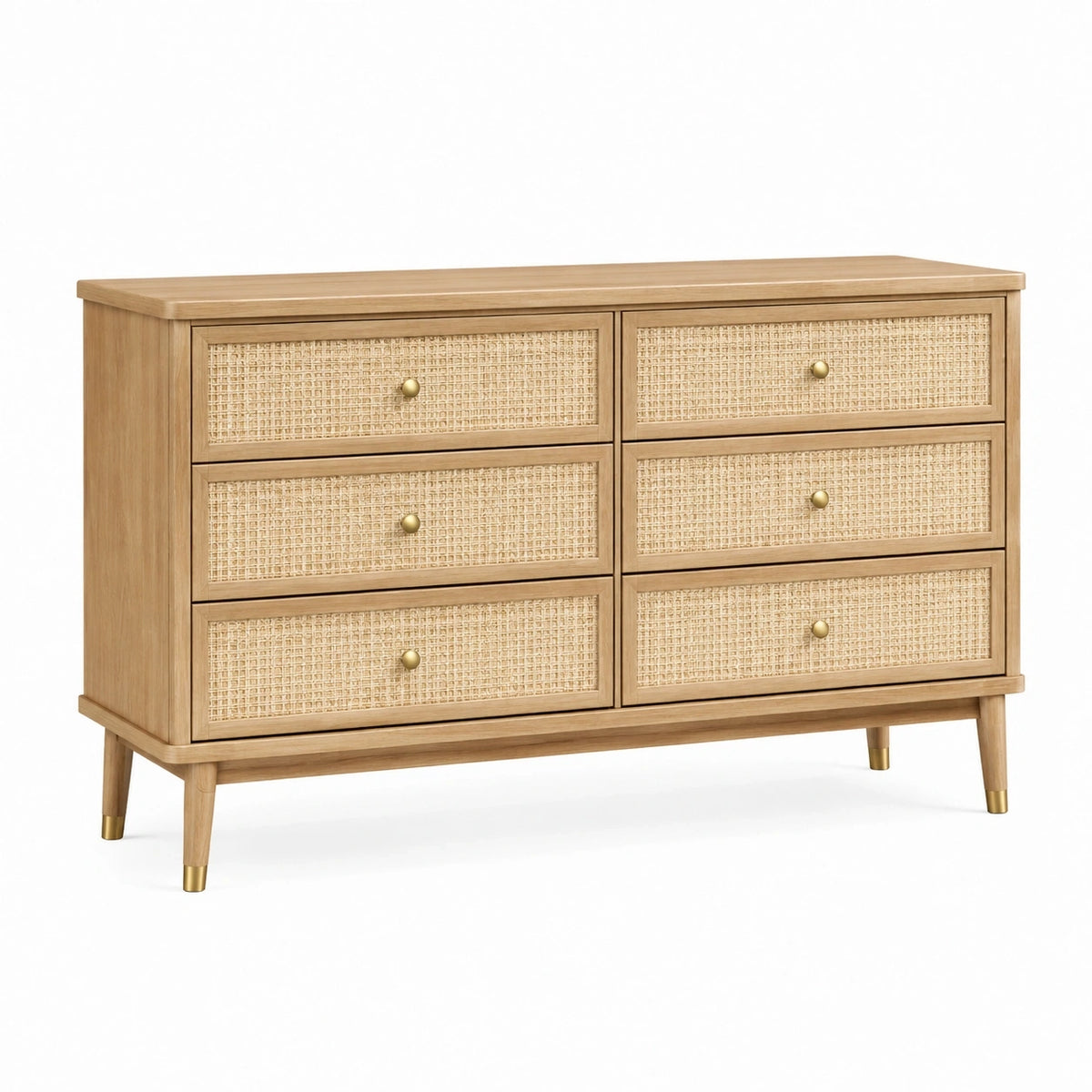 Commode 120 x 40 x 80 cm en bois naturel et cannage à 6 tiroirs style rétro