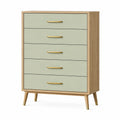 Commode 90 x 45 x 120 cm en panneaux vert sauge et bois naturel à 5 tiroirs style rétro