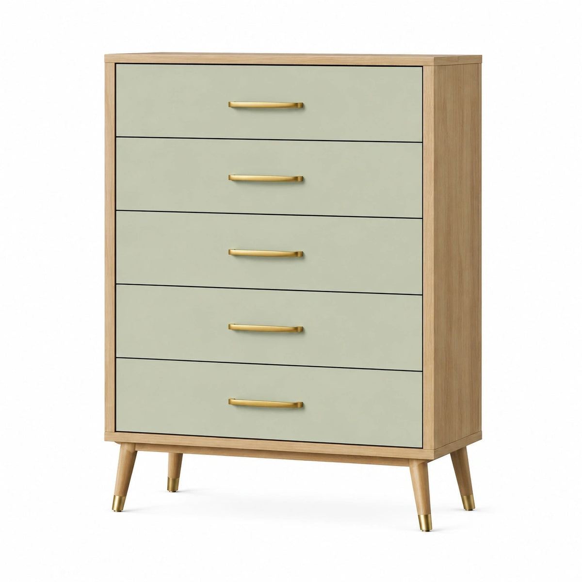 Commode 90 x 45 x 120 cm en panneaux vert sauge et bois naturel à 5 tiroirs style rétro