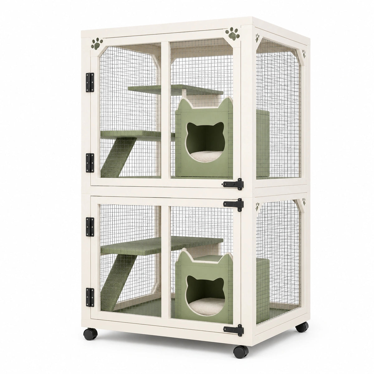 Cage pour chat 90 x 60 x 180 cm en bois blanc et vert avec roulettes et plateformes