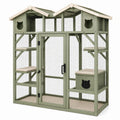 Enclos pour chat Kerlixon en bois vert sauge avec grillage, plateformes style chalet, dimensions 120 x 60 x 180 cm