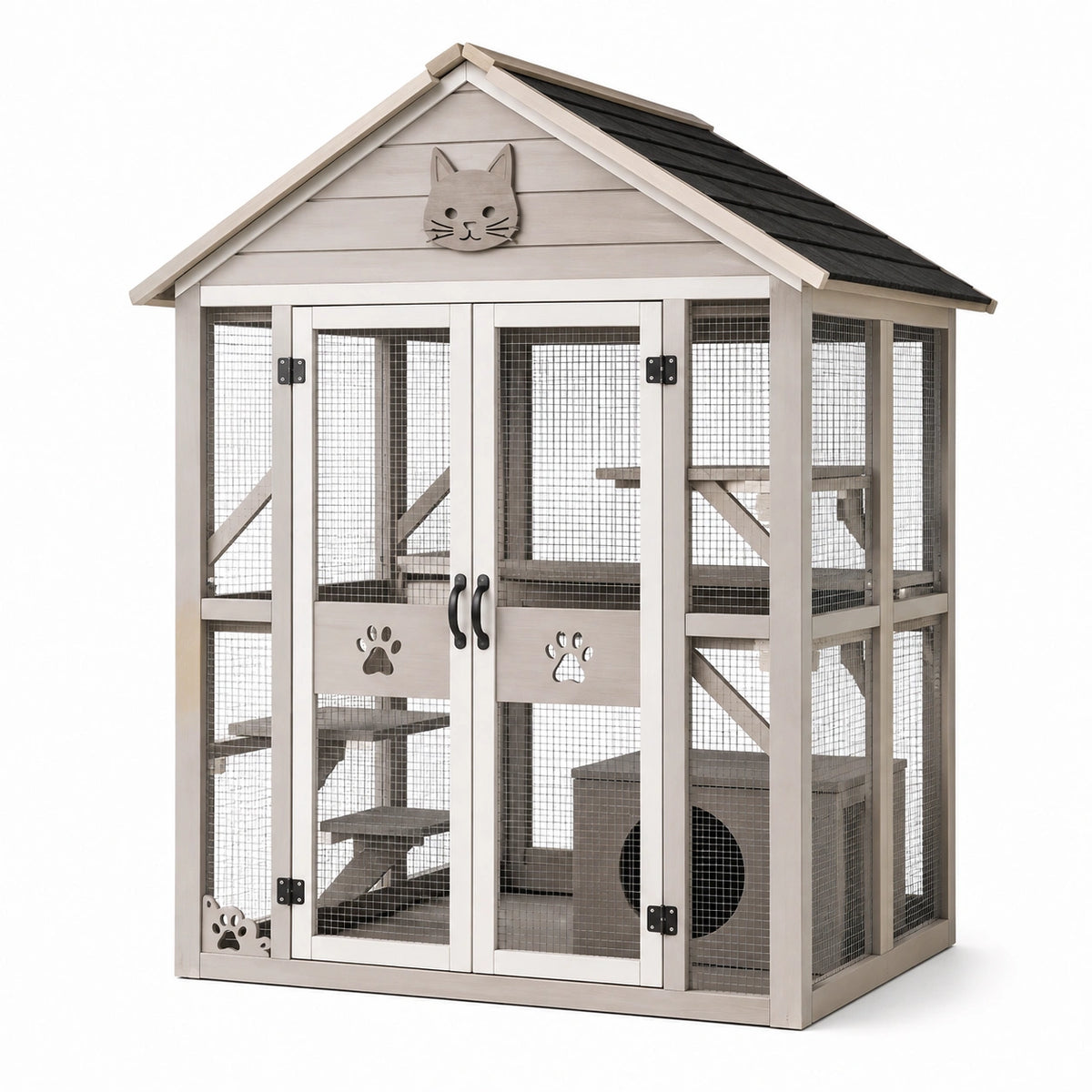 Enclos extérieur pour chat 120 x 80 x 180 cm en bois gris avec grillage et abri