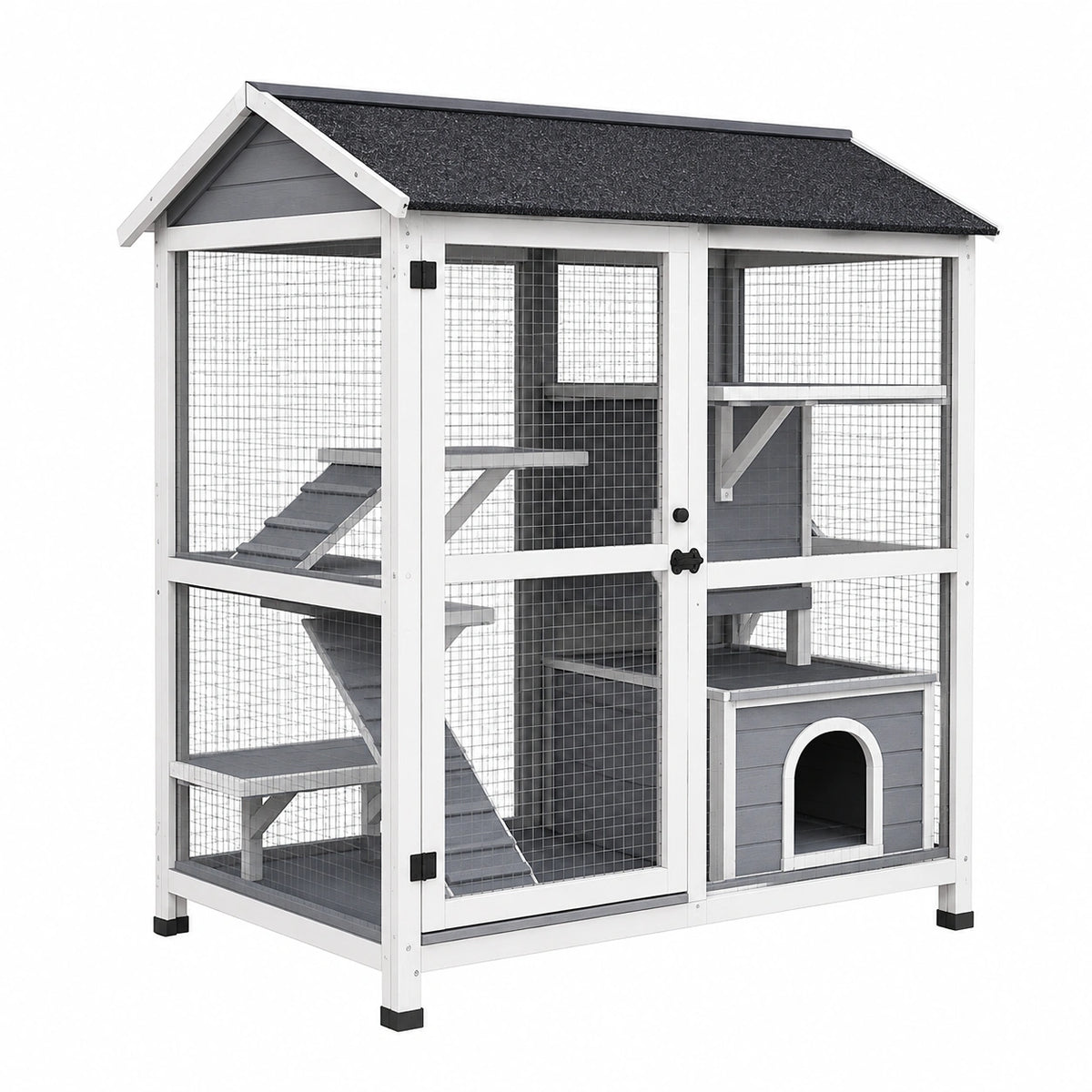 Enclos extérieur pour chat 99 x 52 x 130 cm en bois gris blanc avec toit et plateformes