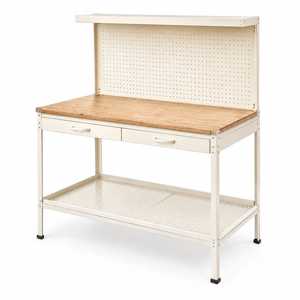 Établi 120 x 60 x 160 cm en acier beige avec plateau en bois et panneau perforé