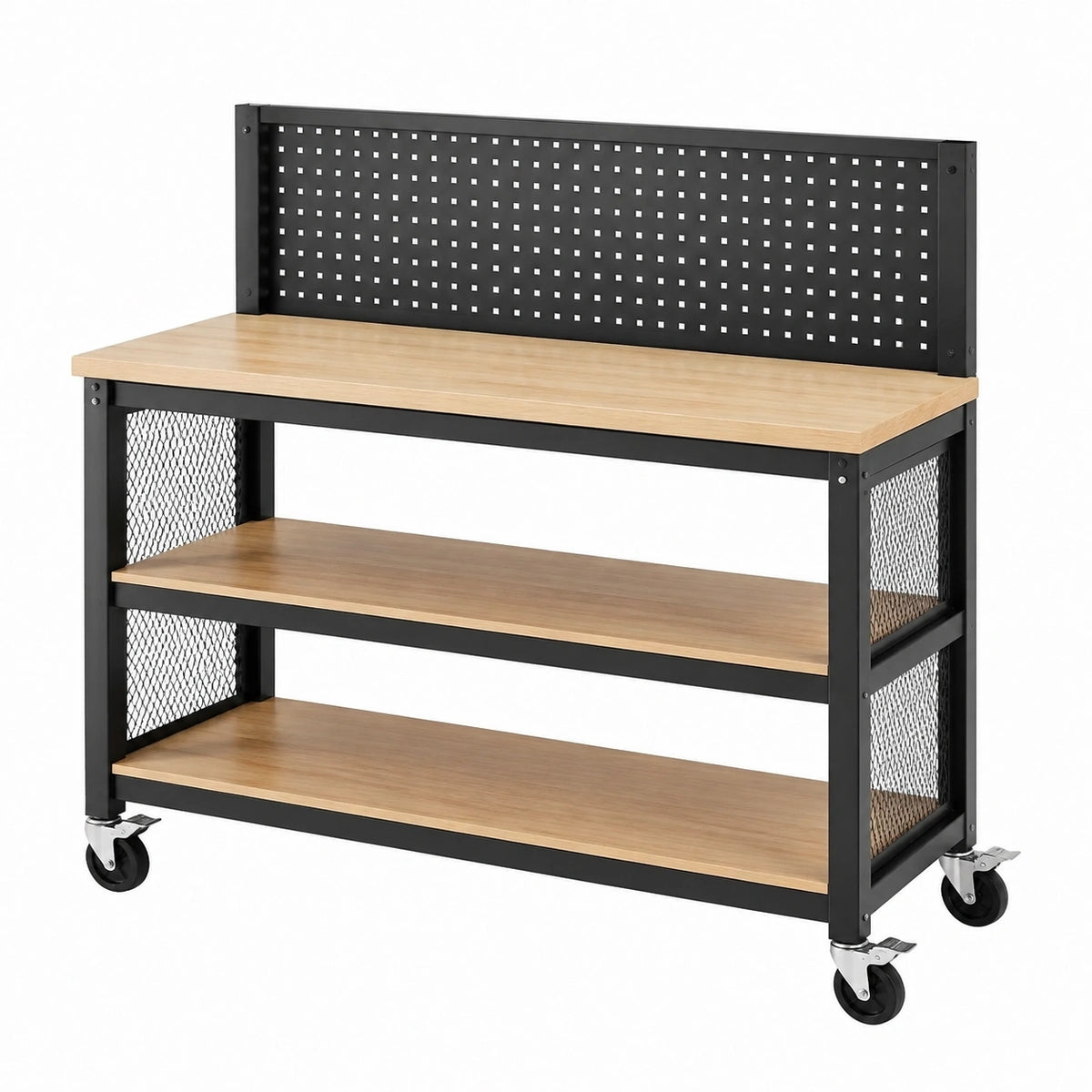 Établi roulant 120 x 60 x 105 cm en métal noir et panneaux aspect bois avec panneau perforé